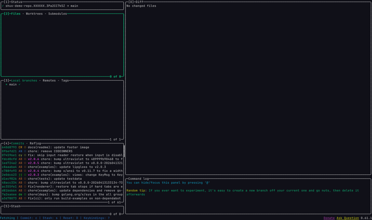 lazygit showing a diff in the Bubbletea repo — green additions, red removals, commit message in the panel header