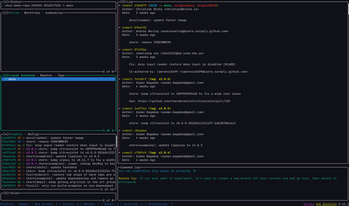 lazygit branches view with the full commit history panel on the right