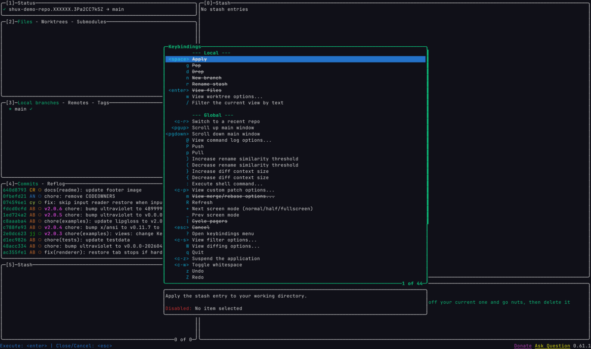 lazygit global help overlay listing every keybinding